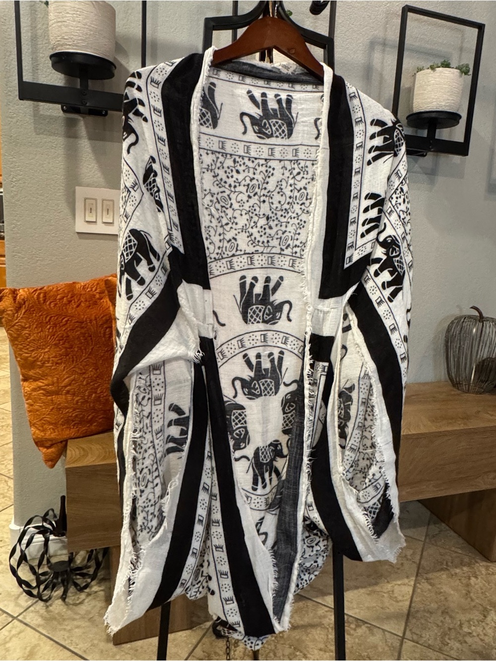 Boho Elephant-Print Open Front Shrug — Black & White